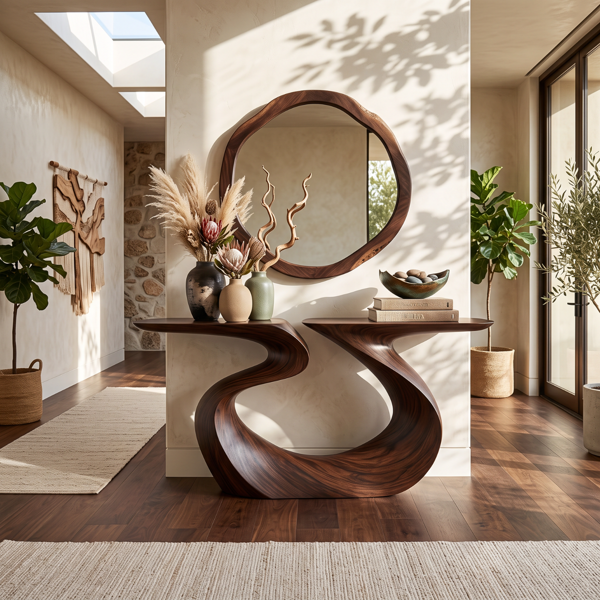 Artistic Solid Wood Console Table with Ribbon Curves and Split Top