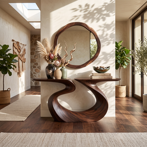 Artistic Solid Wood Console Table with Ribbon Curves and Split Top