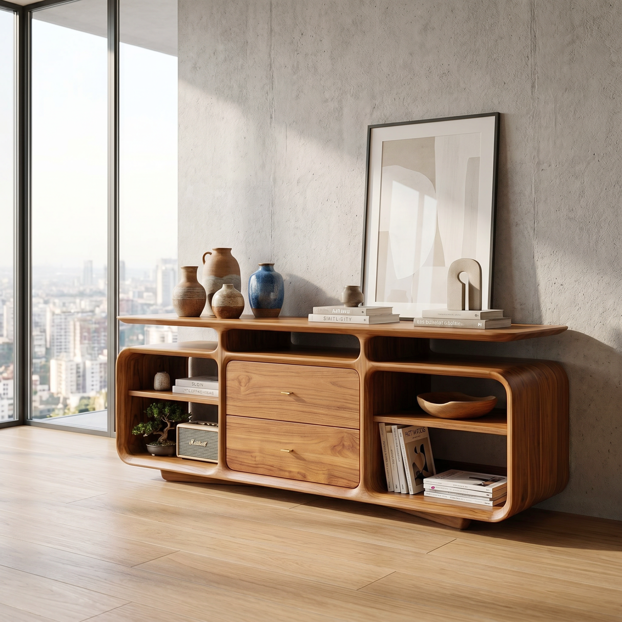 Solid Wood Low Sideboard Cabinet with Drawers and Open Storage Shelves