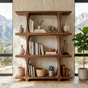 Handcrafted Solid Wood Open Bookshelf with Sculptural Frame