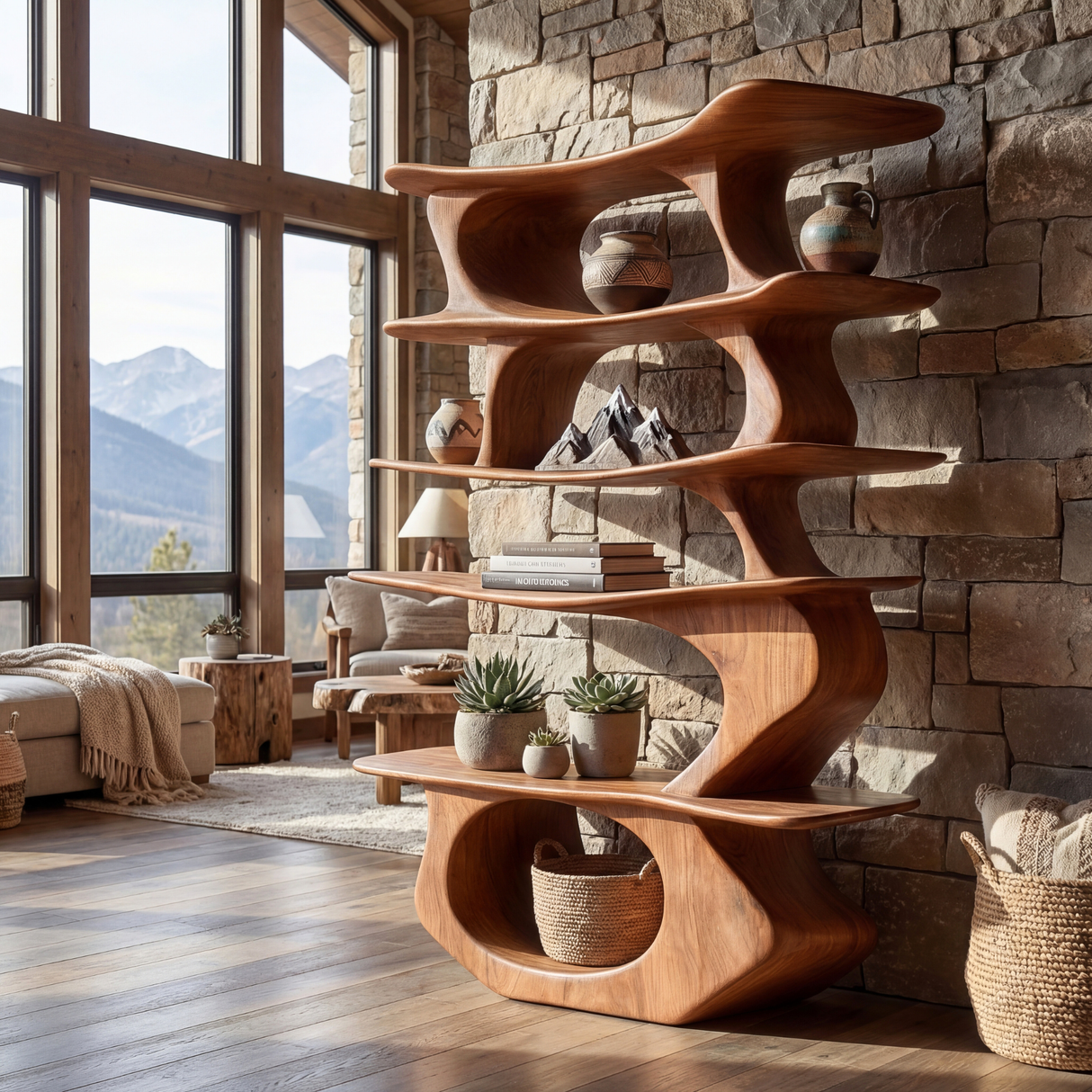Sculpted Vertical Wood Display Shelf with Floating Asymmetrical Tiers