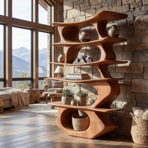 Sculpted Vertical Wood Display Shelf with Floating Asymmetrical Tiers