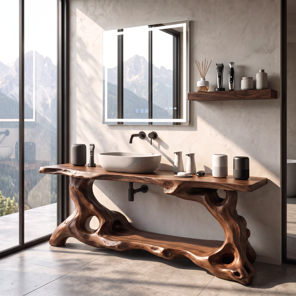 Bathroom Vanity Solid Wood with Organic Root Base and Open Shelf Storage