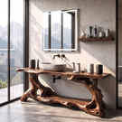 Bathroom Vanity Solid Wood with Organic Root Base and Open Shelf Storage