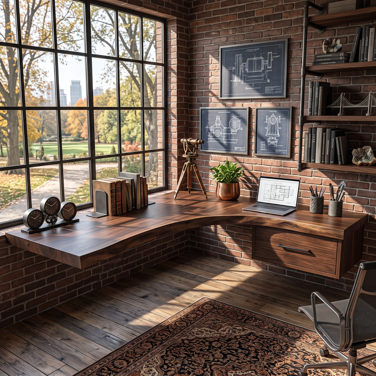Floating Corner Desk Solid Wood with Live Edge Top and Built-In Drawer for Home Office