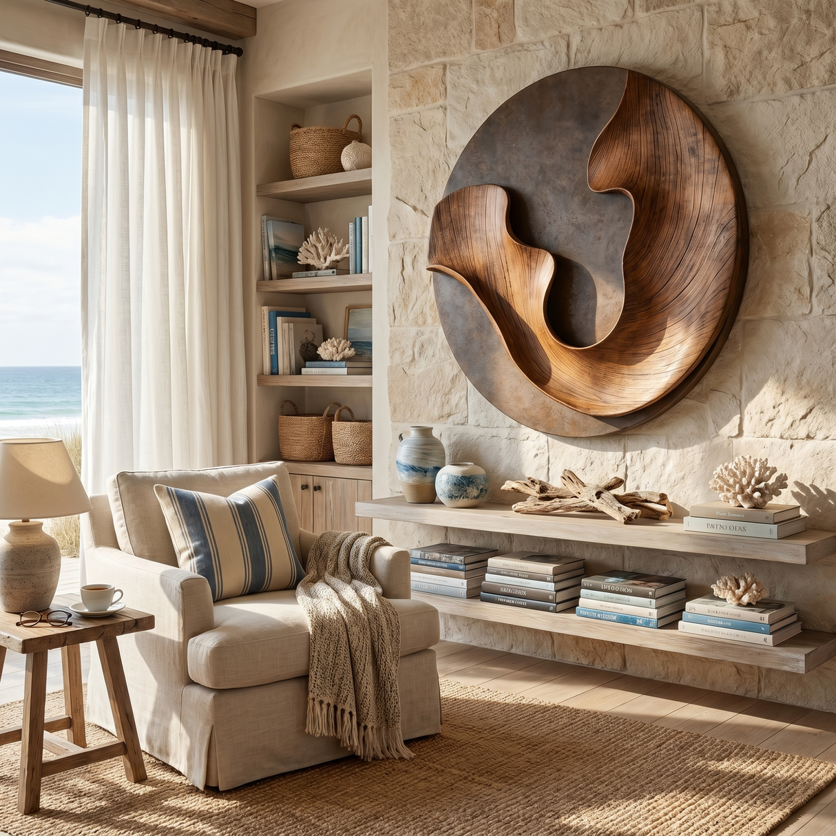 Abstract Round Wood Wall Sculpture with Interlocking Organic Forms