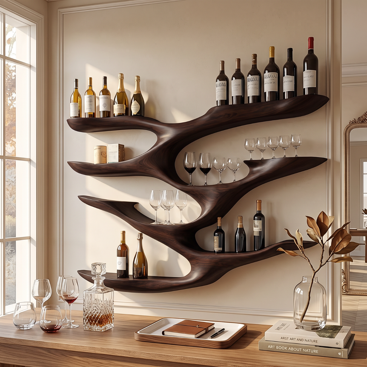 Interwoven Branch Solid Wood Wall Wine Rack for Wine Bottles and Glasses