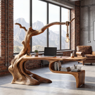 Solid Wood Organic Desk Sculptural Tree Inspired Workspace with Hanging Lamp Modern Writing Table