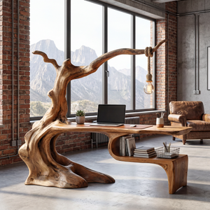 Solid Wood Organic Desk Sculptural Tree Inspired Workspace with Hanging Lamp Modern Writing Table