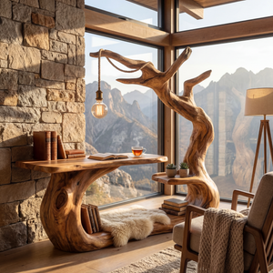 Organic Sculptural Wood Workstation with Hanging Lamp and Storage Shelf