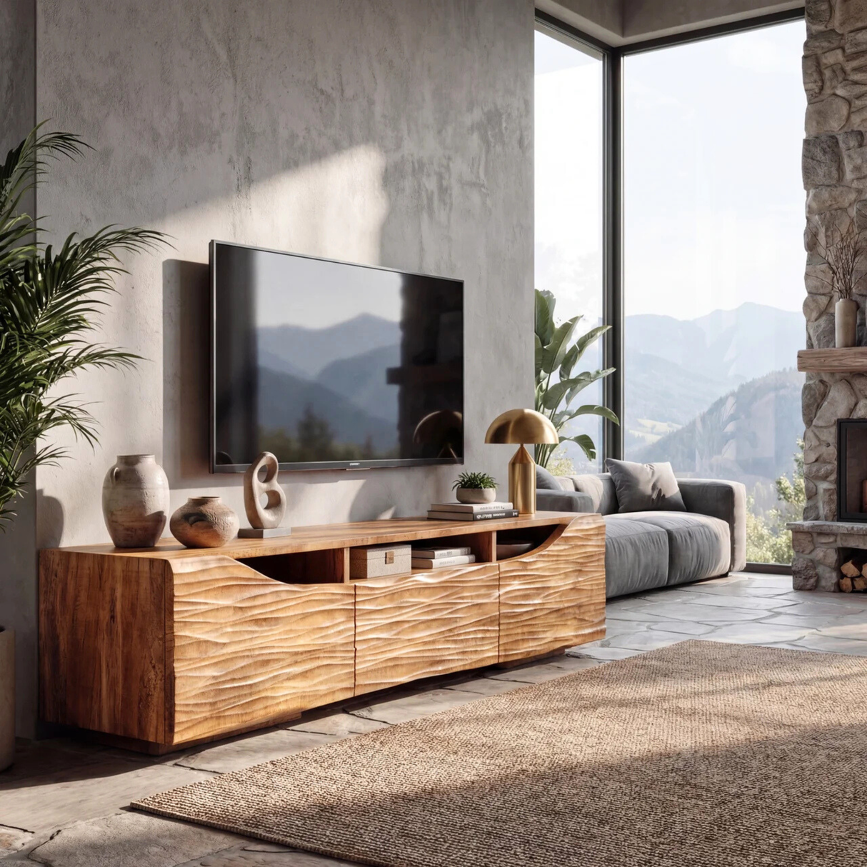 Sculptural Wood TV Cabinet with Carved Wave Front for Modern Interiors