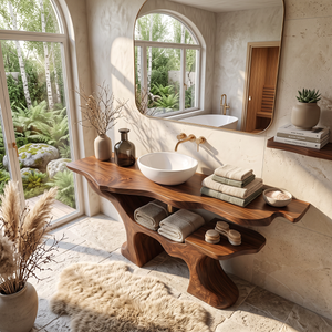 Solid Wood Bathroom Vanity with Organic Branch Base and Open Shelf