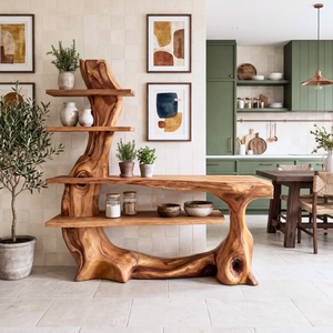 Organic Solid Wood Console Table with Sculptural Base and Open Tier Shelving Artistic Freeform Console Table