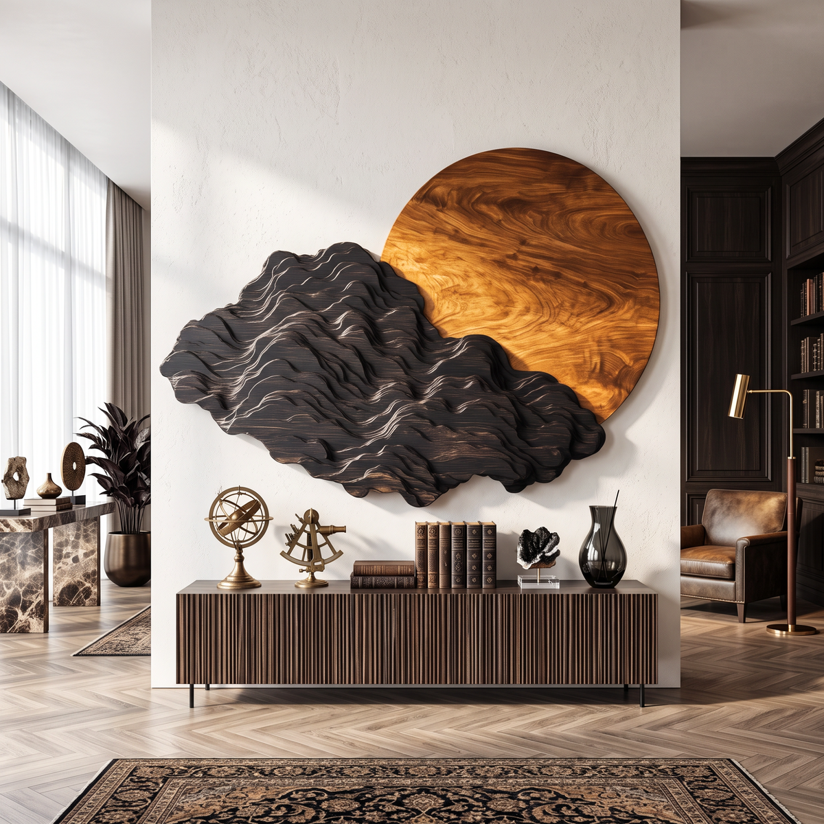 Sculptural Wall Art with Black Mountain Layers and Oversized Natural Wood Sun