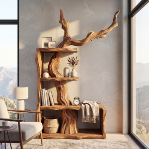 Sculptural Solid Wood Bookshelf with Tree Branch Form Organic Modern