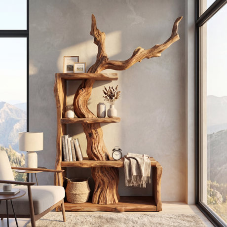 Sculptural Solid Wood Bookshelf with Tree Branch Form Organic Modern
