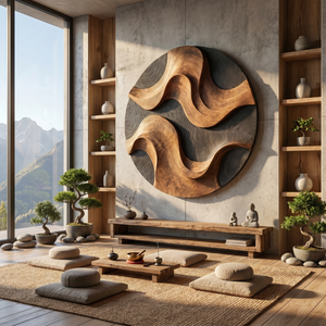 Handcrafted Wood Wall Sculpture with Woven Wave Relief and Charcoal Contrast