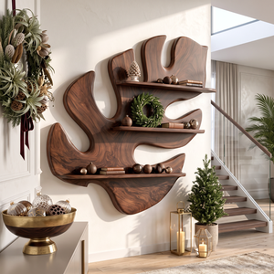 Tropical Leaf Solid Wood Wall Shelf for Nature Inspired Living Room Decor