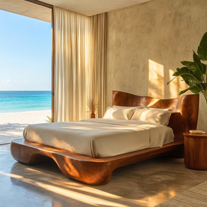 Organic Curve Solid Wood Bed with Artistic Headboard