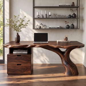 Live Edge Solid Wood Desk with Sculptural Tree Leg and Built In Drawer Cabinet