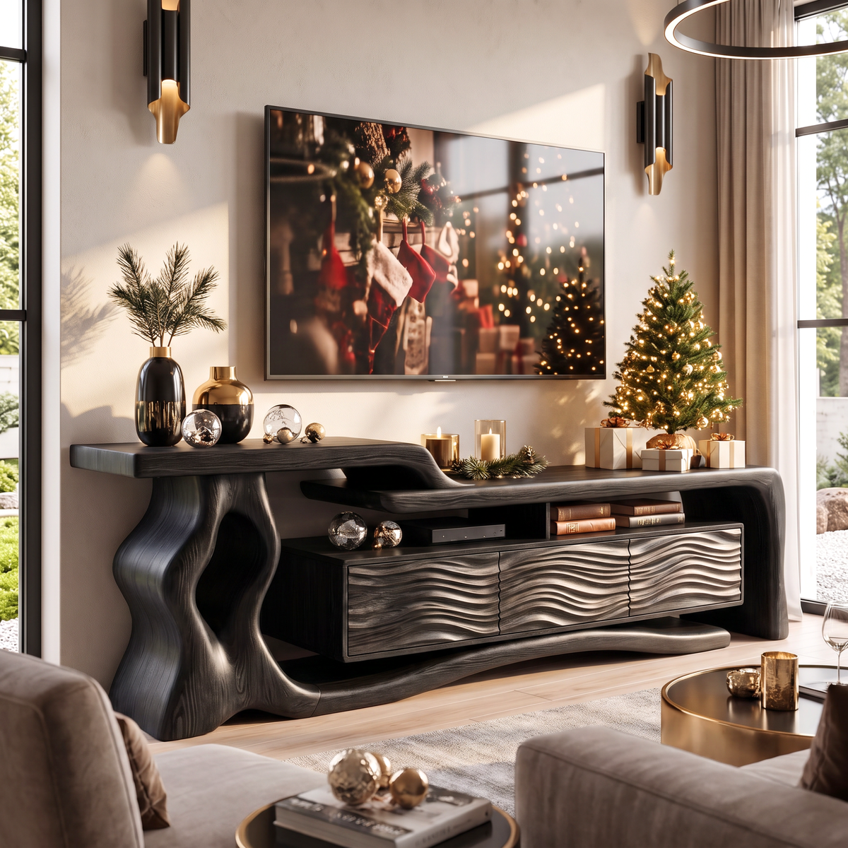 TV Stand with Sculptural Tree Root Frame and Wave Carved Cabinet Doors