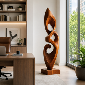 Handcrafted Solid Wood Abstract Floor Sculpture with Layered Open Form