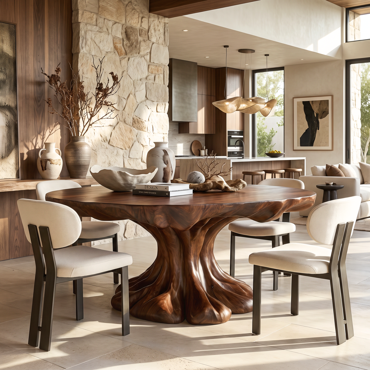Dining Table with Flowing Pedestal Base and Organic Wood Top