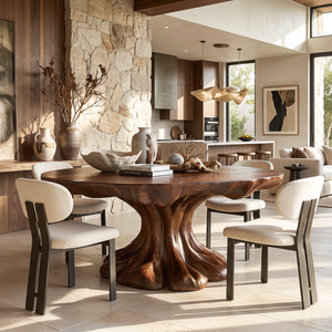 Dining Table with Flowing Pedestal Base and Organic Wood Top