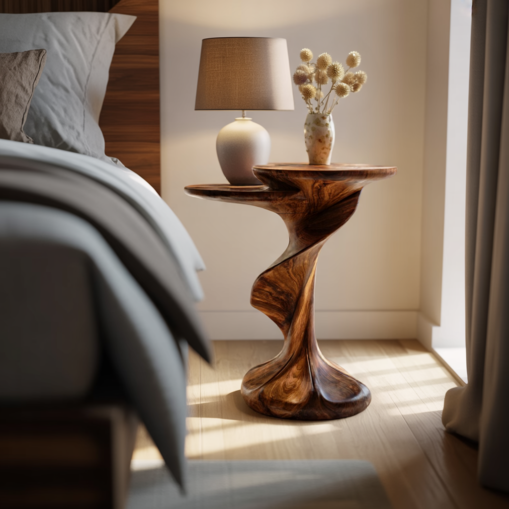 Solid Wood Sculptural Pedestal Table with Twisted Form for Living Room
