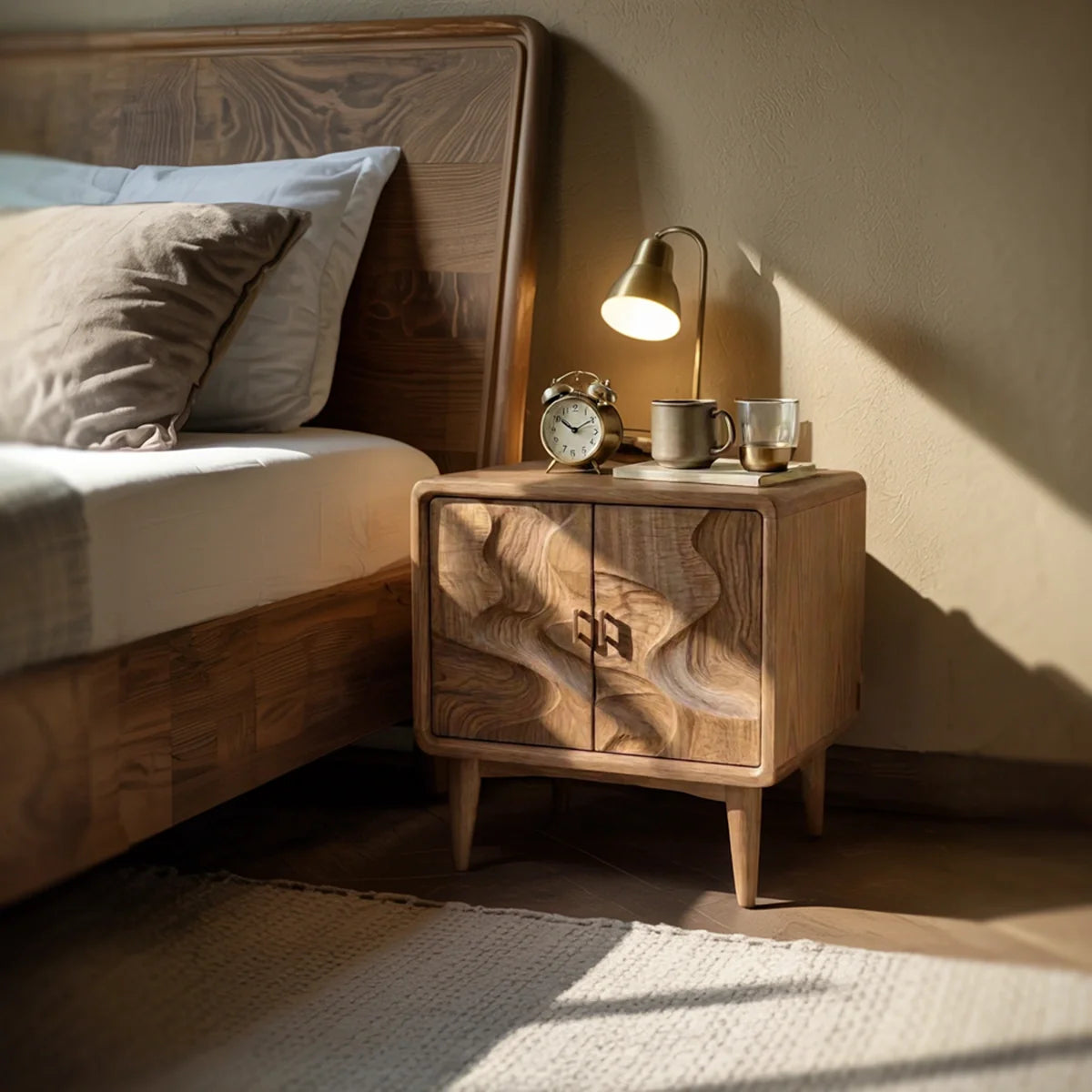 Organic Solid Wood Nightstand with Sculptural Door Design