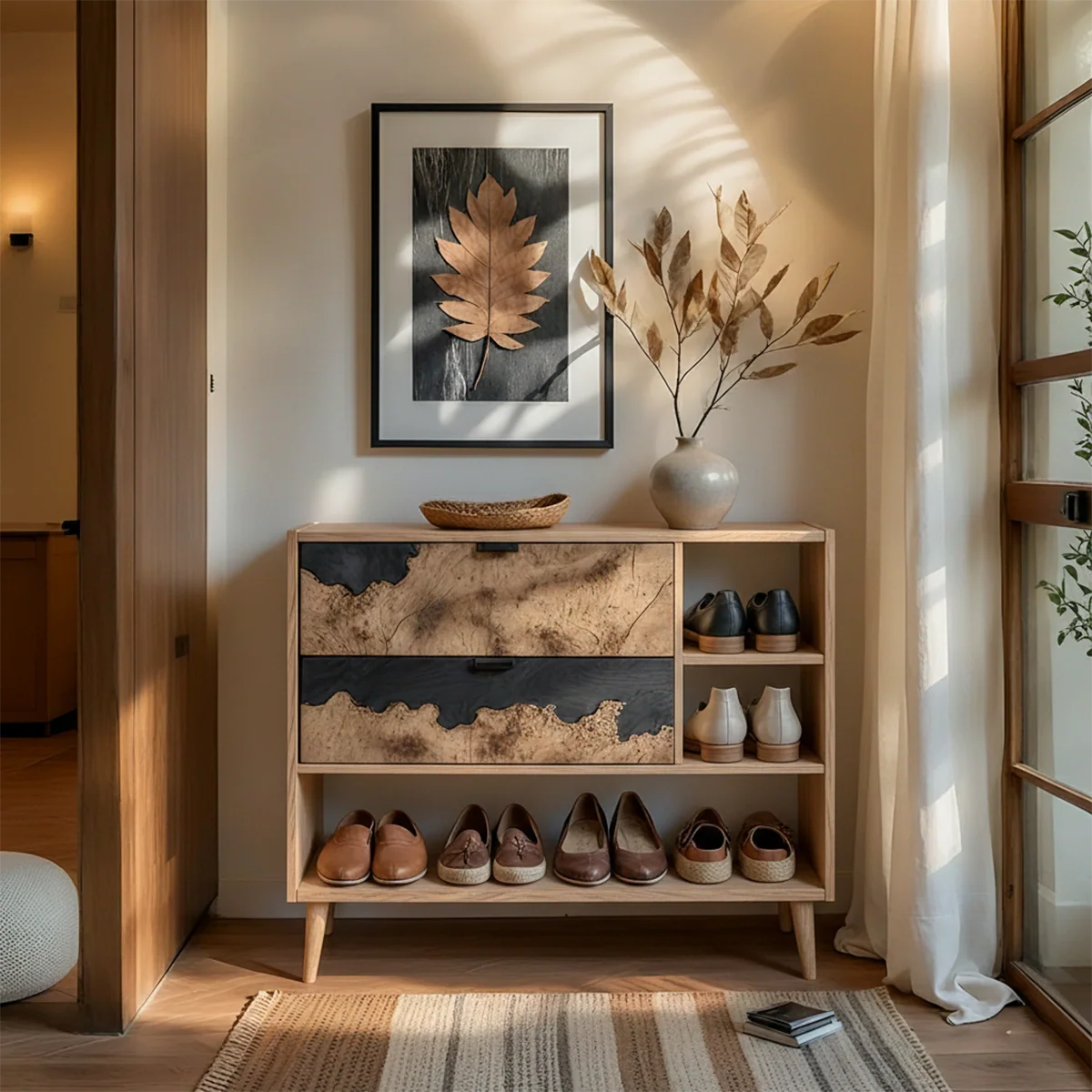 Solid Wood Entryway Shoe Cabinet with Artistic Grain Storage