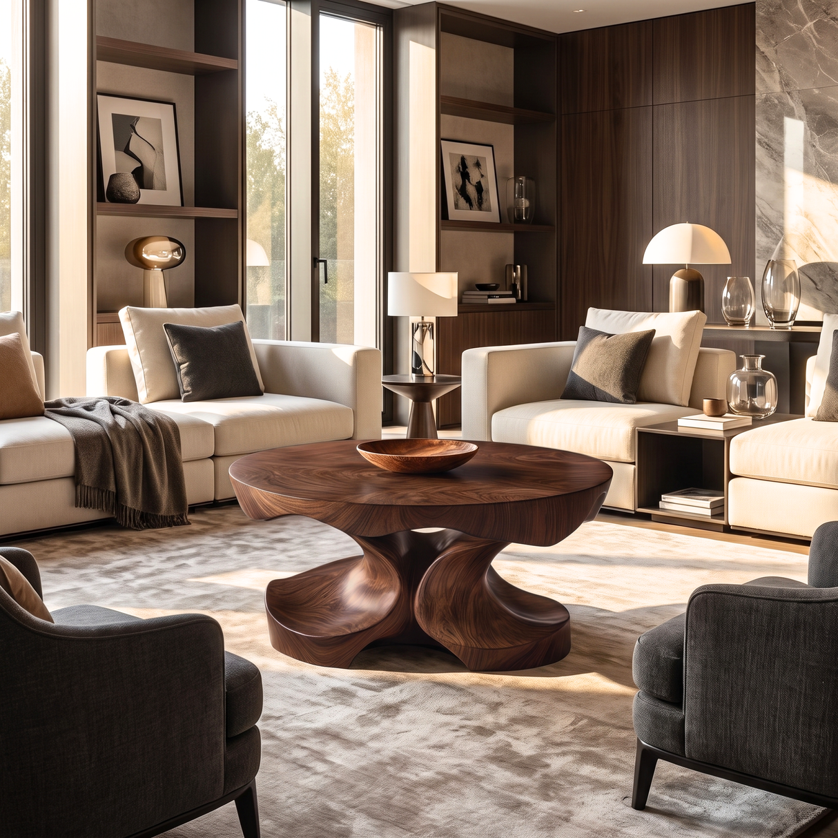 Coffee Table Solid Wood with Sculptural Four-Lobed Pedestal Base for Living Room
