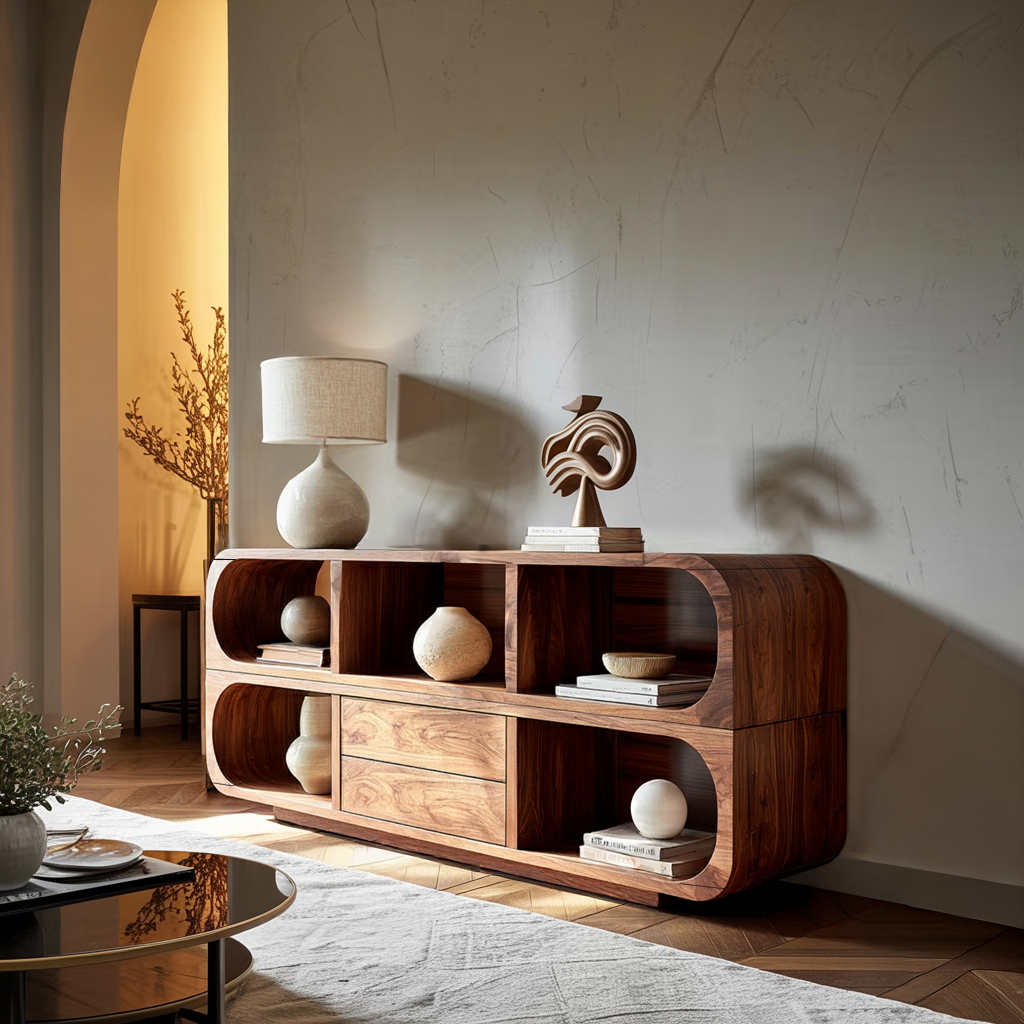 Japandi Solid Wood Sideboard with Curved Edges Modern Console Cabinet with Open Shelves and Drawer Storage for Living Room