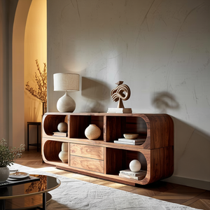 Japandi Solid Wood Sideboard with Curved Edges Modern Console Cabinet with Open Shelves and Drawer Storage for Living Room