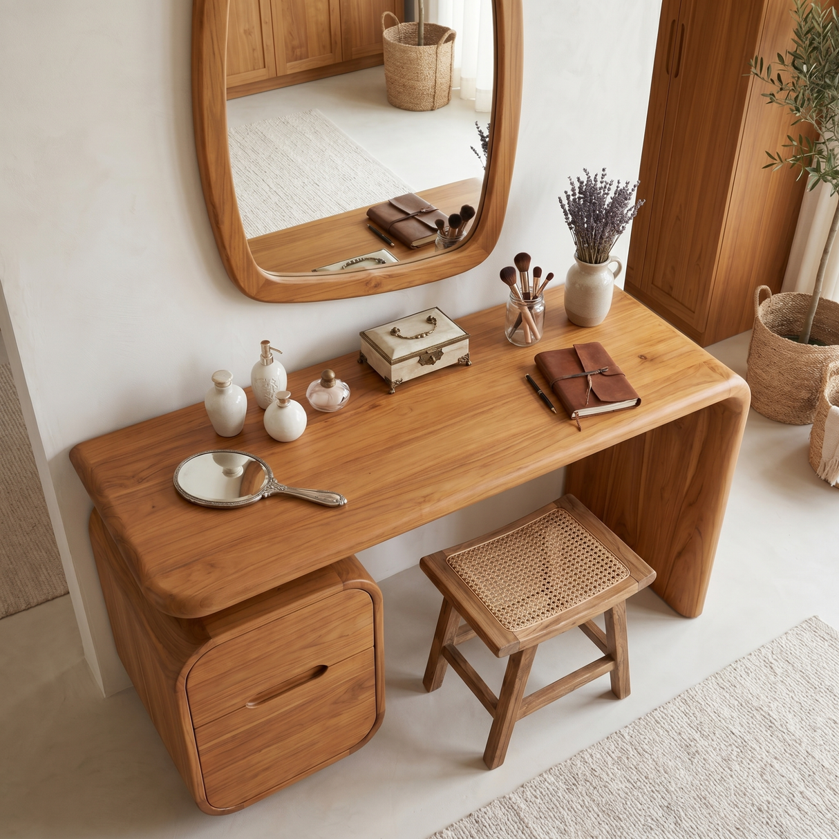 Solid Wood Makeup Vanity Desk with Rounded Storage Cabinet and Waterfall Leg