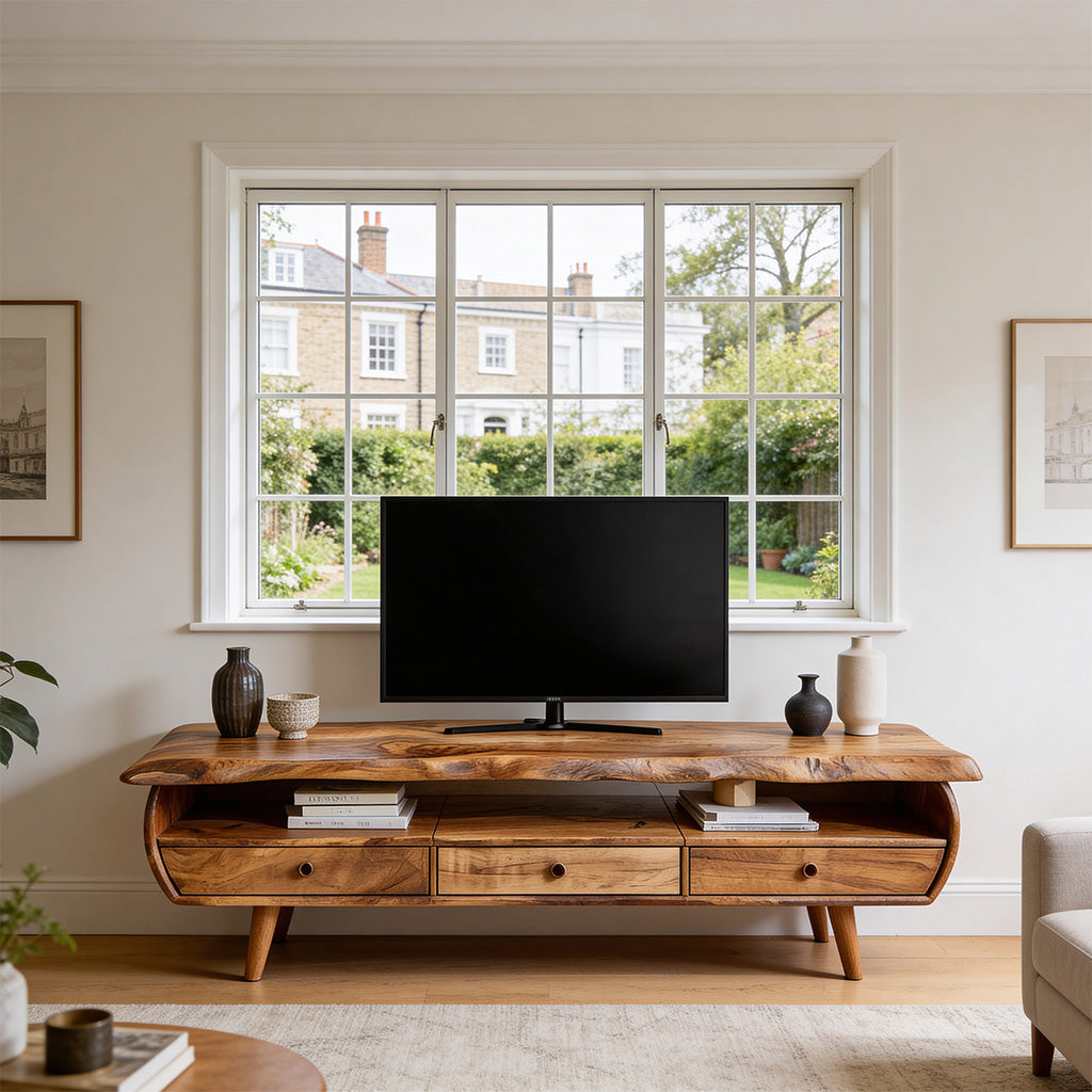 Live Edge Solid Wood TV Console with Sculpted Frame