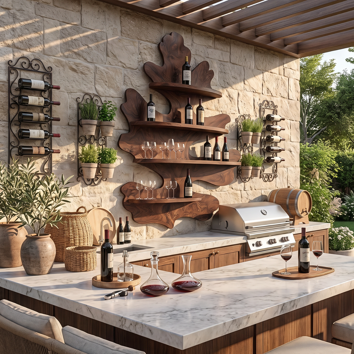 Sculptural Leaf Solid Wood Wall Mounted Wine Rack with Four Display Shelves