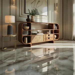 Handcrafted Solid Wood Sideboard with Rounded Open Shelves and Drawers