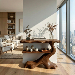 Sculptural Solid Wood Console Table with Open Shelf, Organic Entryway Table