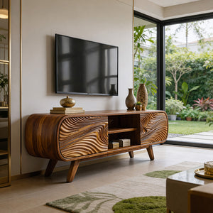 Handcrafted Solid Wood Media Cabinet with Sculpted Grain