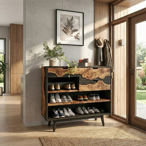 Live Edge Solid Wood Shoe Storage Cabinet for Organic Modern Entryway