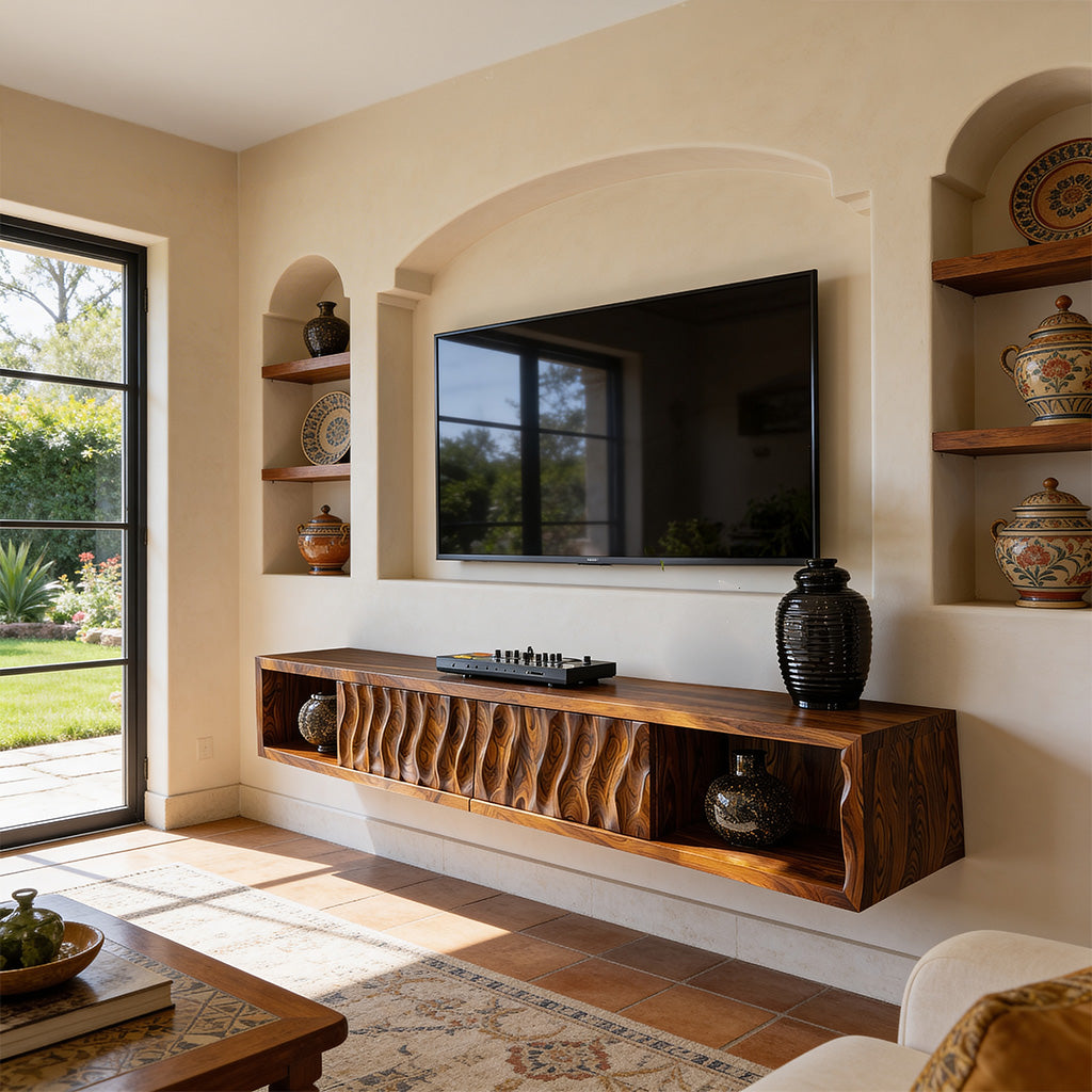 Floating Sculpted Wood TV Console with Wave Front