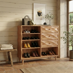Modern Solid Wood Shoe Storage Cabinet with Drawers and Open Shelves Mid-Century Entryway Organizer