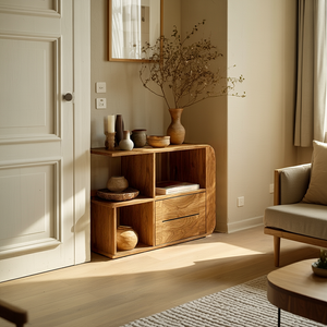 Modern Japandi Solid Wood Sideboard Open Shelf Wooden Credenza Minimalist Buffet Cabinet Natural Living Room Storage