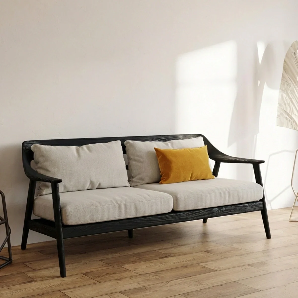 Modern Scandinavian Solid Wood Sofa Minimalist Upholstered Living Room Couch with Black Frame