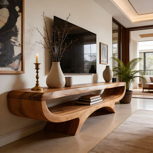 Curved Solid Wood Floating TV Console for Minimalist Interiors