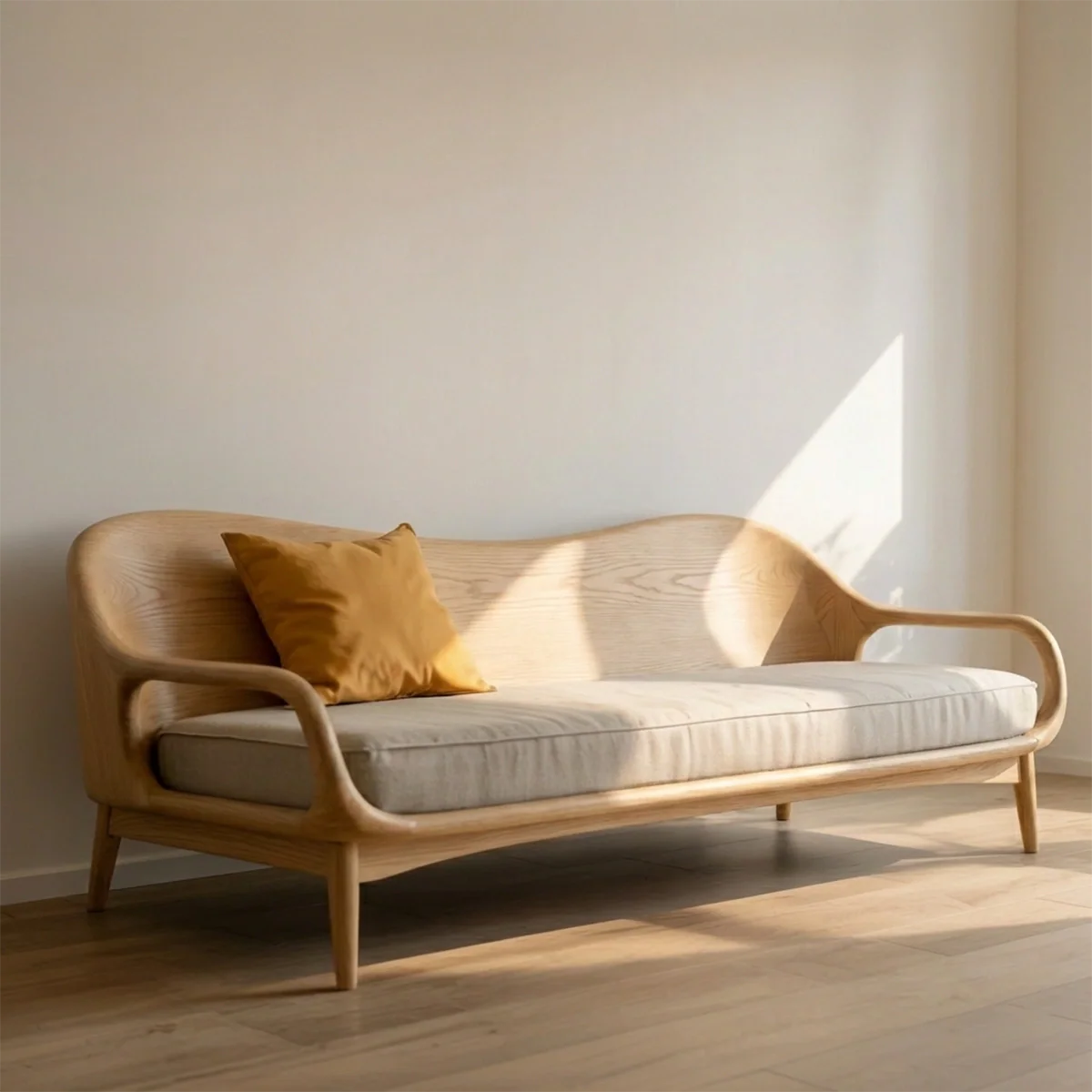 Mid-Century Modern Solid Wood Sofa Curved Scandinavian Wooden Frame Couch with Upholstered Cushion