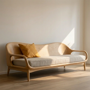 Mid-Century Modern Solid Wood Sofa Curved Scandinavian Wooden Frame Couch with Upholstered Cushion