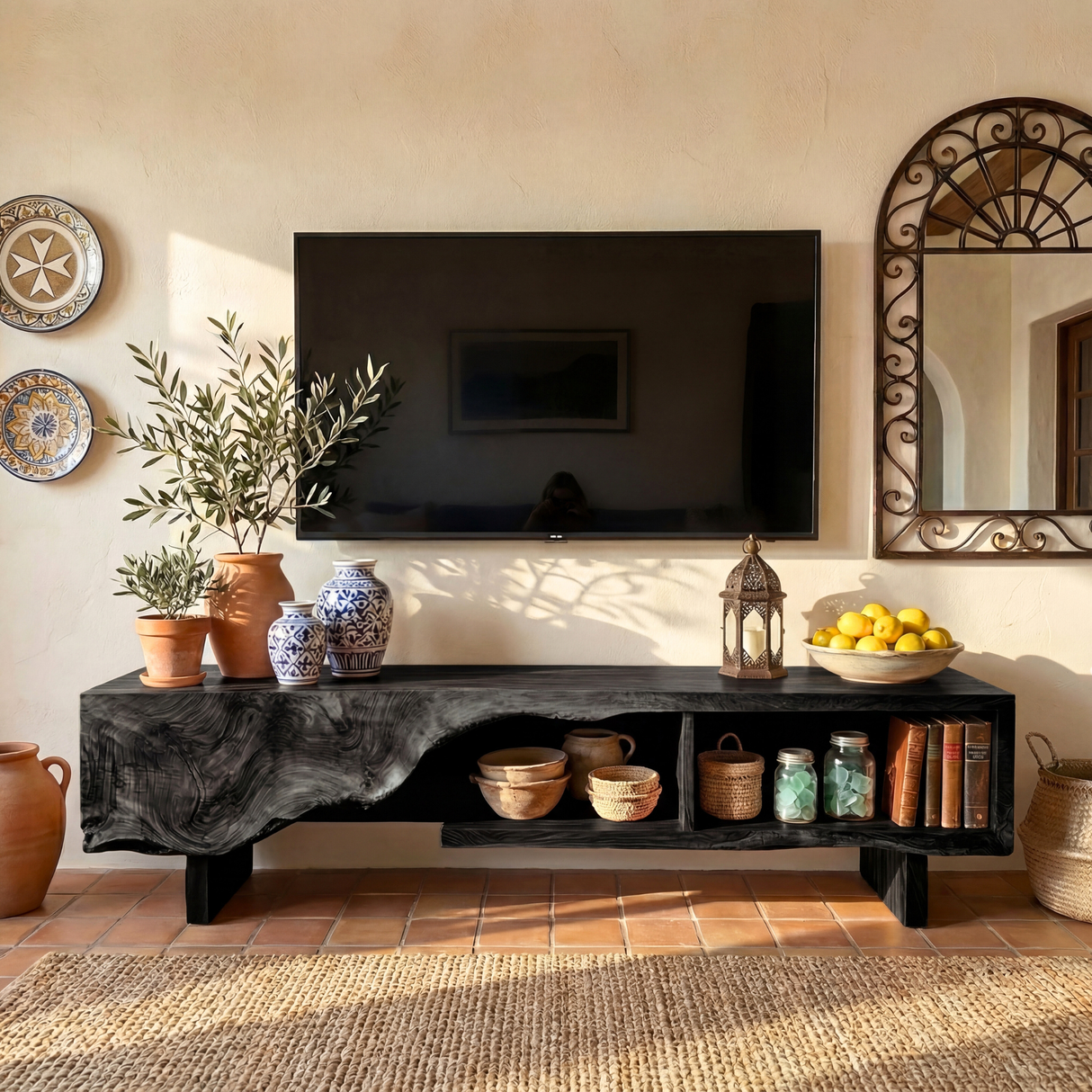 Solid Wood TV Cabinet with Organic Carved Front for Modern Living Room