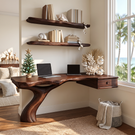 Live Edge Solid Wood Desk with Sculptural Curved Leg and Floating Drawer